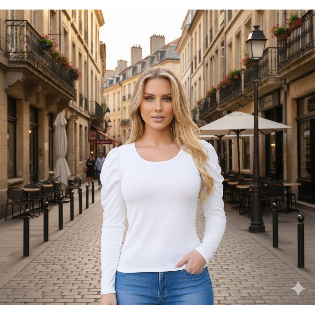 blusa feminina canelada gola rasa elastano manga longa bufante lançamento