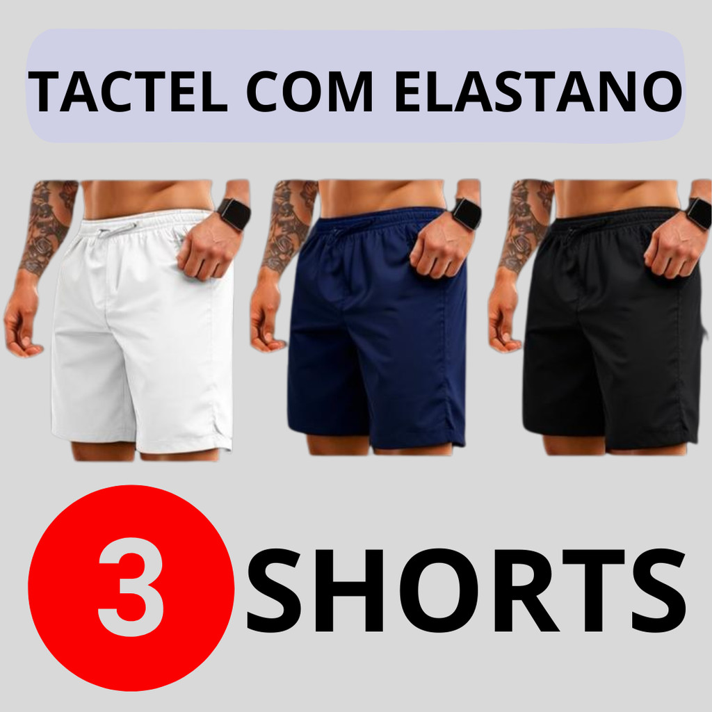 Kit 3 Shorts Tactel Elastano Masculino Bermuda Maurisinho Academia e Praia Bolsos Cordão Ultra Leve