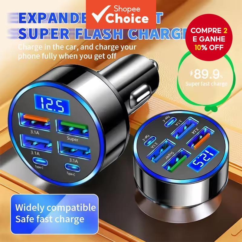  6 Portas Carregador de Carro Carregamento Rápido PD QC3.0 USB C Carregador de Celular Tipo C Adaptador para Carro para