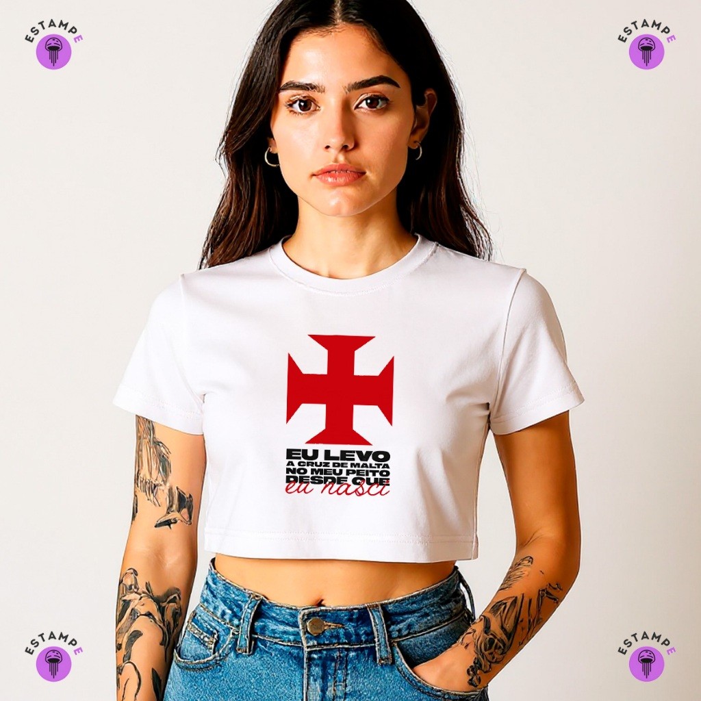 Camisa Camiseta Cropped Cruz De Malta CRVG Time Futebol Blusa 100% Algodão Premium Adulto Feminino