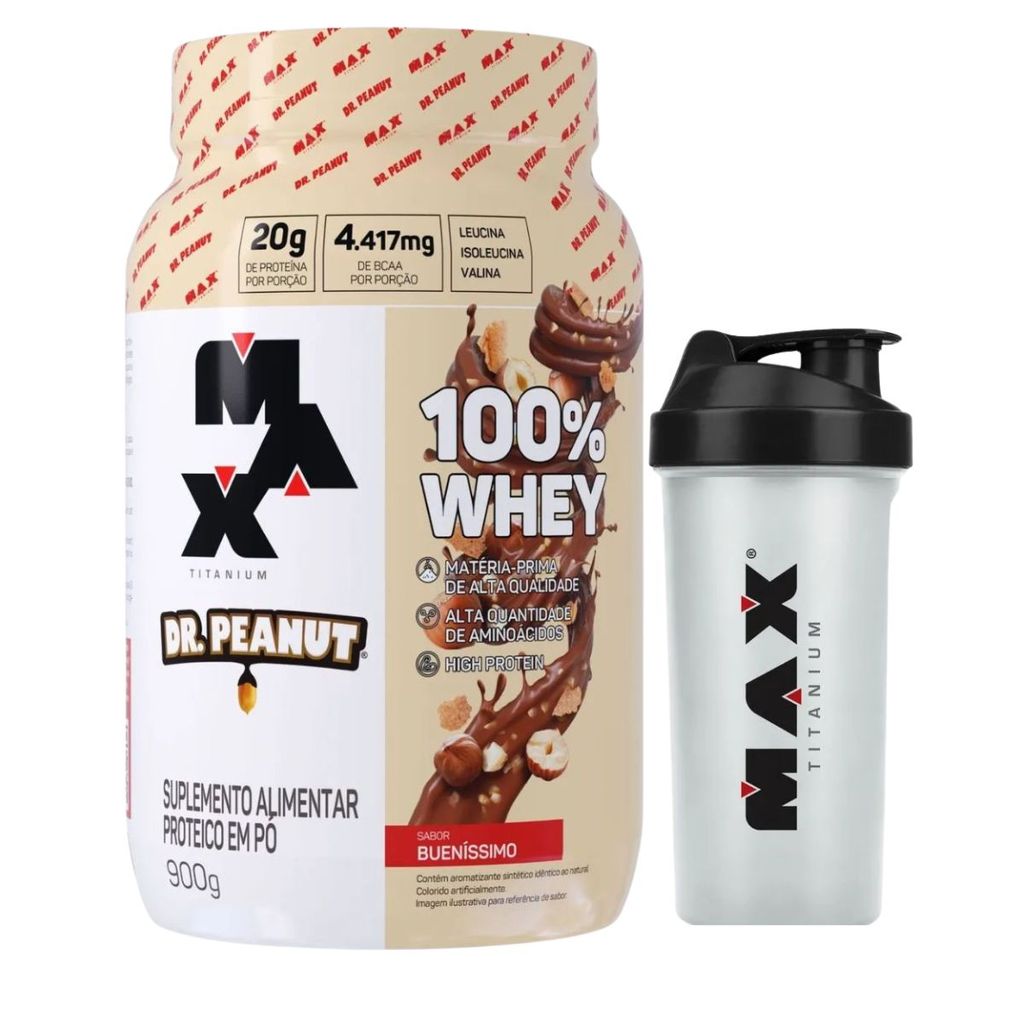 Whey Protein Dr Peanut 100% Bueníssimo 900g Mix + Coqueteleira 700ml Max Titanium