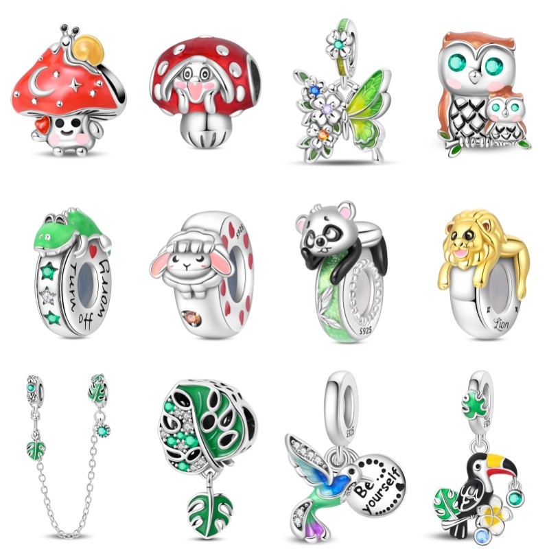 Pulseira pulseira pingente S925 prata esterlina borboleta pingente cogumelo vermelho grânulo espaçador grânulo compatíve