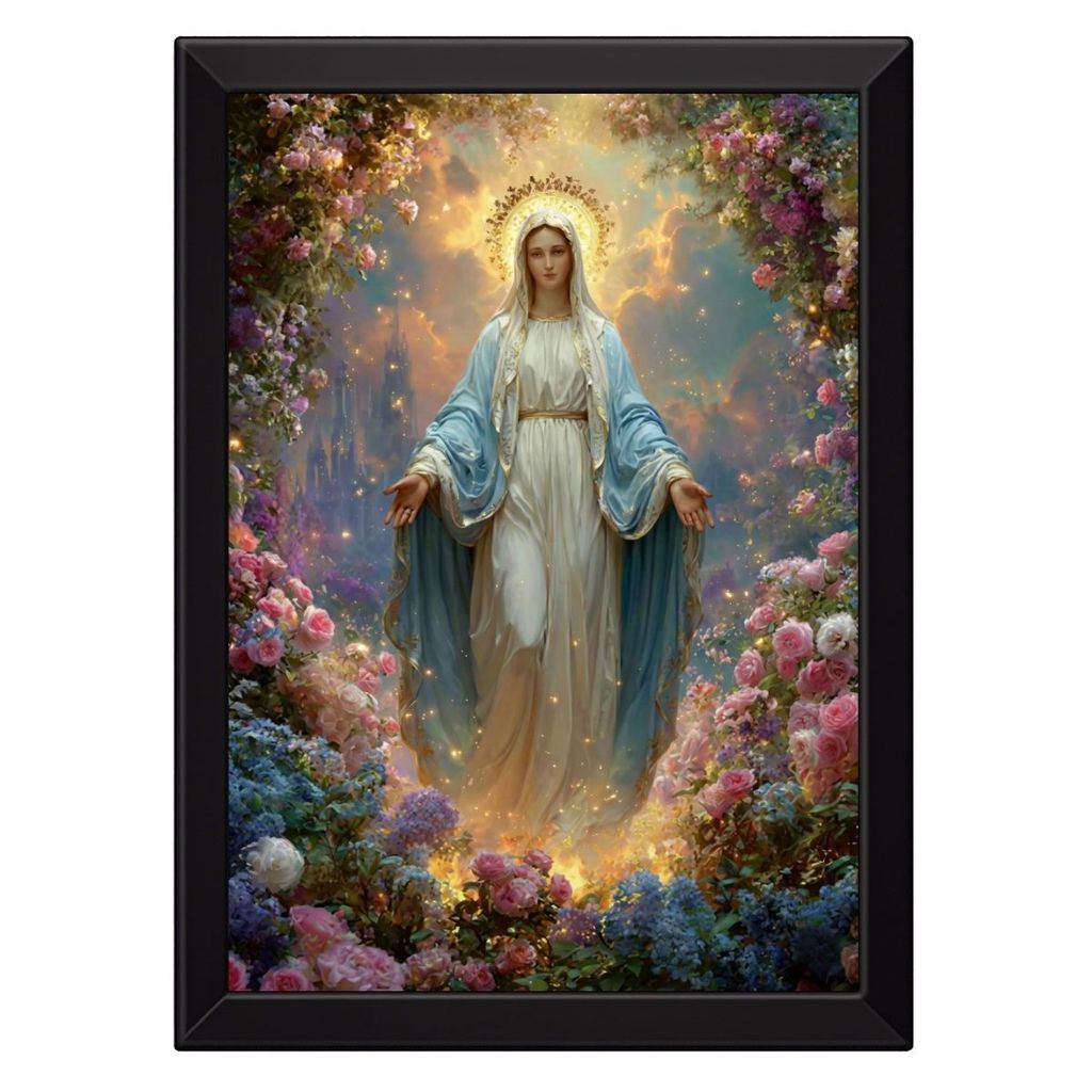 Quadro Placa Decorativa Grande Nossa Senhora de Fátima Fundo Jardim Lindo Cristão