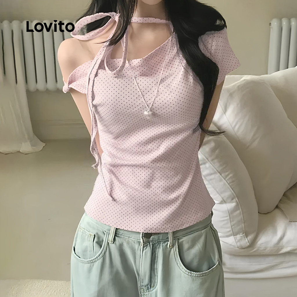 Lovito Casual Camiseta Cadarço Ombros Caídos Blusa Coreana Ombros De Fora Rosa Para Mulheres Bordado L173AD157 · foto 2