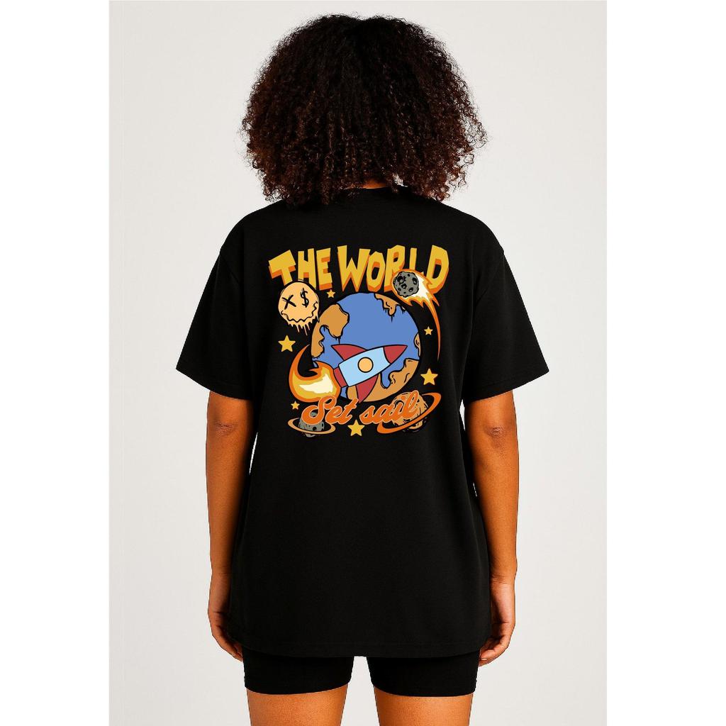 Camiseta Feminina Streetwear Algodão Penteado Infantil Adulto Plus Size Estampa The World Mundo Foguete Rosto Moda