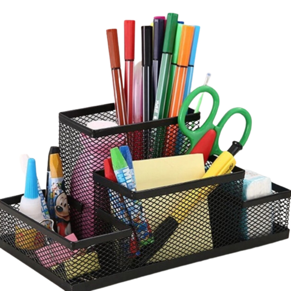 Porta Canetas Lápis Organizador De Mesa Escritório Metal Telado 4 Divisórias