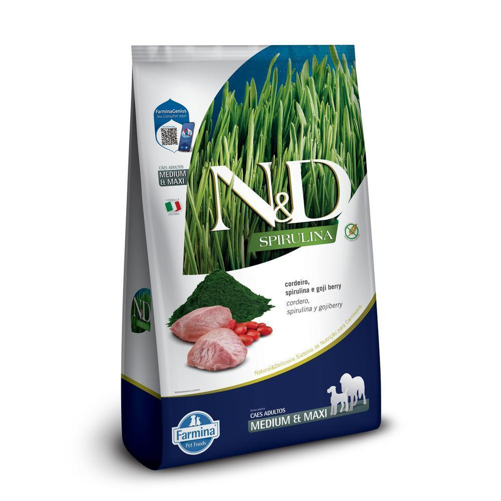Cães Adultos de Raças Médias e Grandes Sabor Cordeiro, Spirulina e Goji Berry 10,1Kg N&D Spirulina