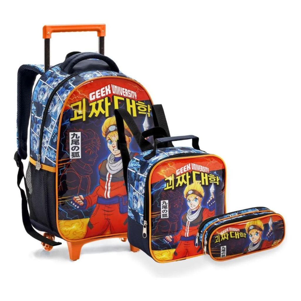 Kit Mochila Rodinhas Lancheira Estojo Duplo Naruto Uzumaki Geek Escolar Infantil Seanite