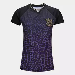 Camiseta Corinthians Coimbra Raglan Gola V Feminina Preto/Roxo