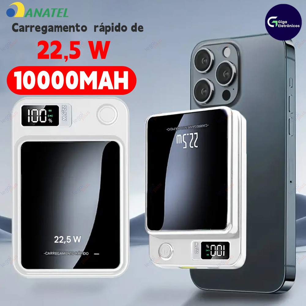 Carregador Externo Portátil 10000mAh com MagSafe e Tela, Recarga por Indução para Celulares iPhone e Android