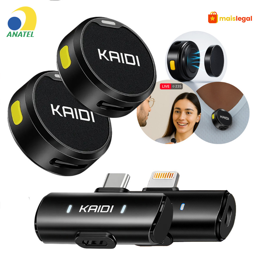 Kit Kaidi Profissional: 2 Microfones Lapela Sem Fio com Anti-ruído, Imã Redondo e Entrada Dupla USB-C/iPhone