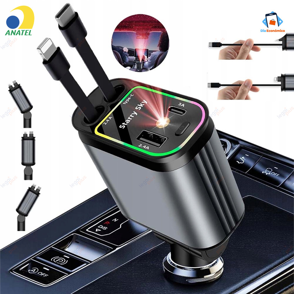 Carregador Retrátil para Carro 4 em 1 com Luz LED 180° Ajustável e Cabo Flexível para iPhone Android