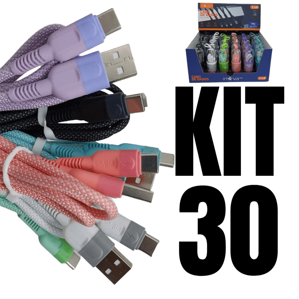 Kit 30 cabos carregador reforçado carga rápido para tipo c inova tubo em Oferta na Shopee