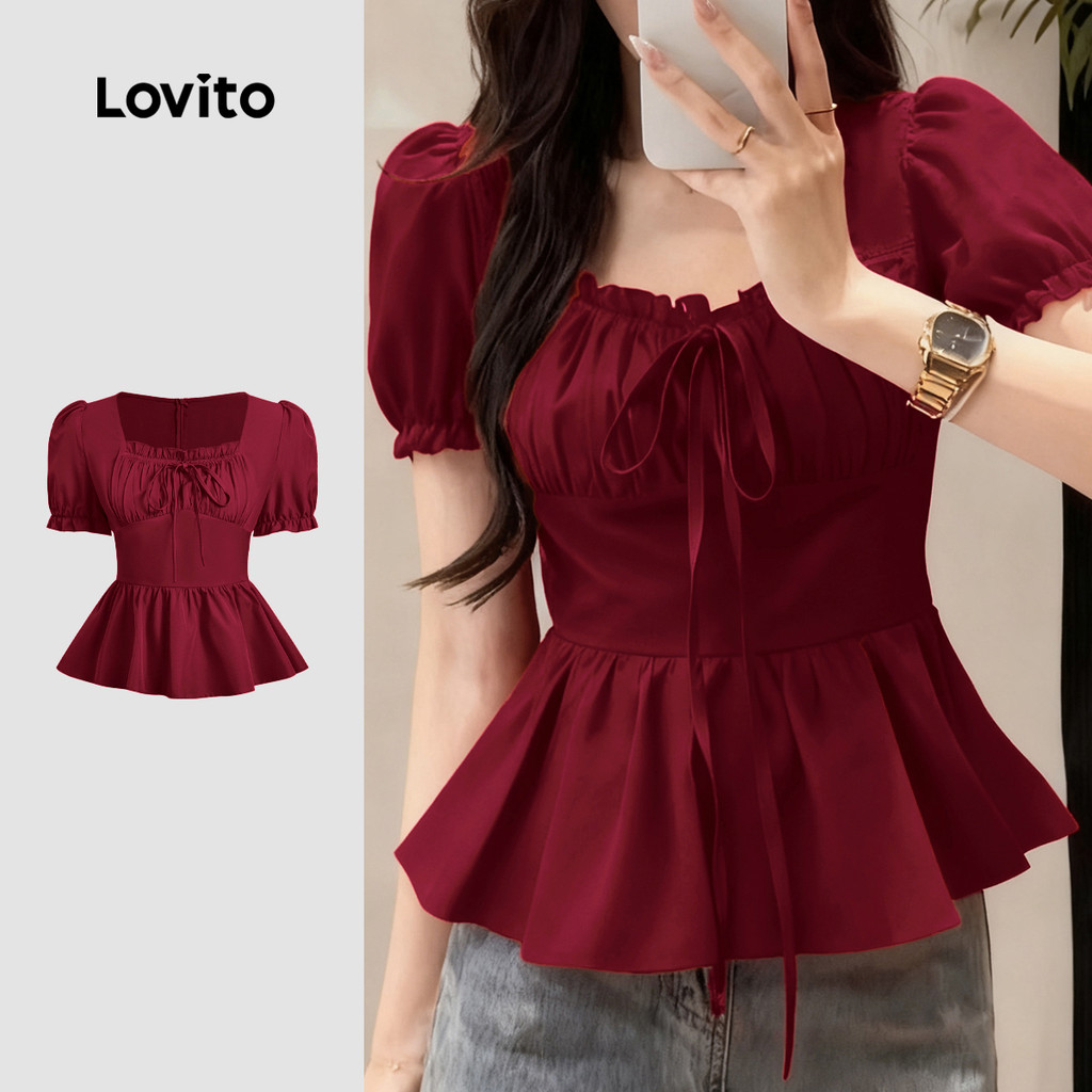 Lovito Blusa Casual com Acabamento em Alface Amarre Na Frente Primavera/verão Blusa vermelha L158ED1152 em Oferta na Shopee