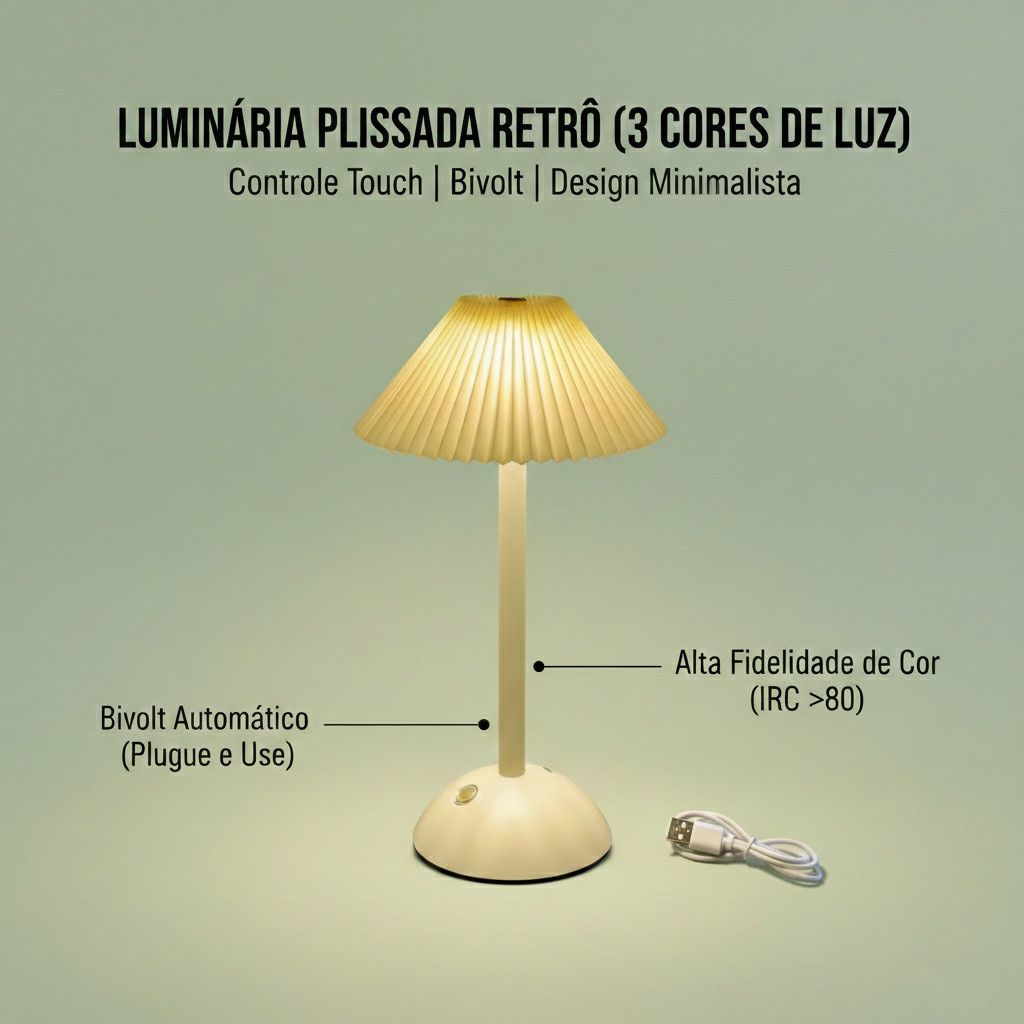 Luminária de Mesa LED Retrô Plissada Bivolt - Abajur Decorativo Elegante para Quarto, Sala e Cabeceira