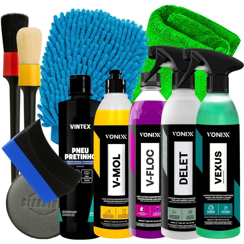 Kit Completo Vonixx Lavagem Limpeza de Motor Rodas Vexus V-Floc Delet V-Mol Pretinho e Acessórios em Oferta na Shopee