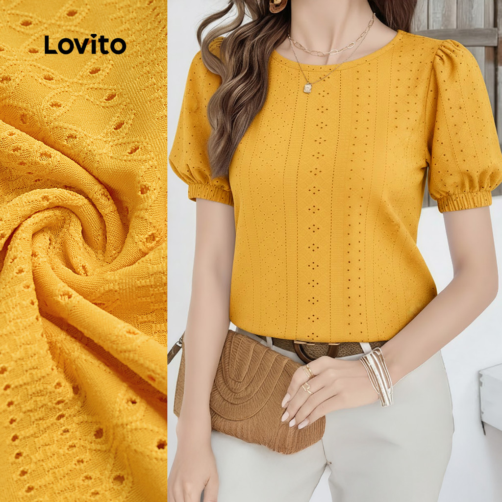 (Elegante) Lovito Blusa Plissada Primavera/verão Blusa Amarela para Mulheres L177ED286