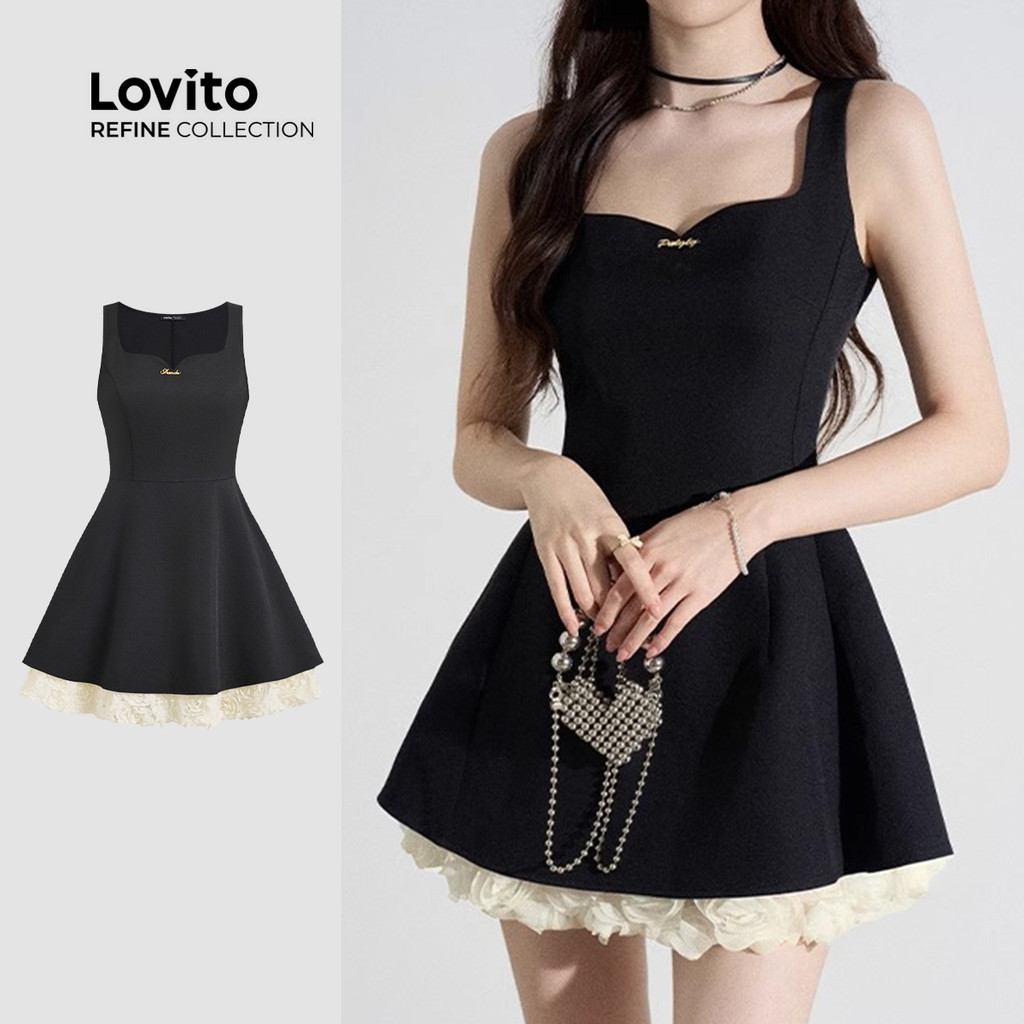 (Lovito Refine) Vestido Casual Falso 2 Em 1 Drapeado Primavera/verão Vestido Preto Para Mulheres LR12A171 em Oferta na Shopee