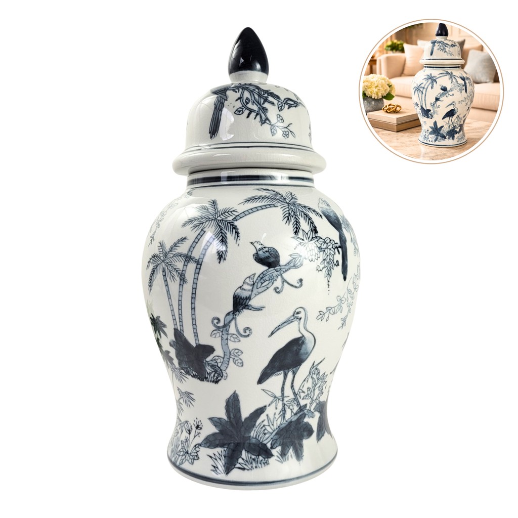 Potiche Porcelana Azul E Branco Floral Pássaro 37cm