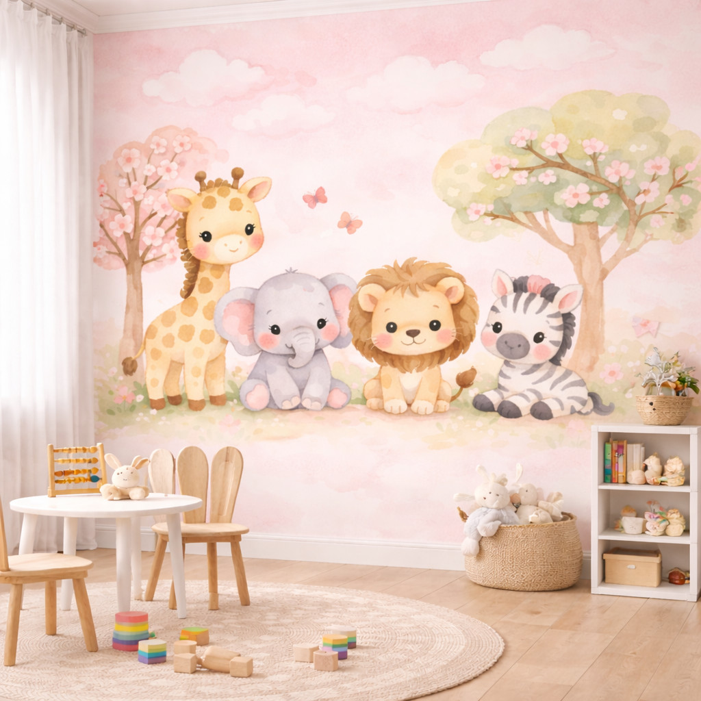 Papel de Parede Tema Safari Rosa Baby Aquarela com nome Personalizado para PAREDE TODA