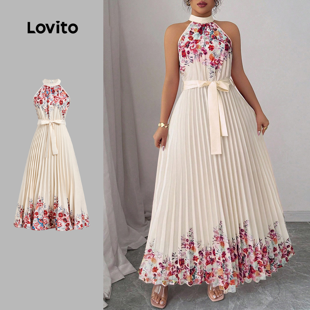 Lovito  Vestido Boho Estilo Resort Vestido Feminino com Pregas Padrão primavera/verão. LBL32233