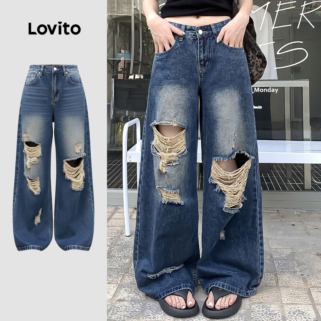 Lovito  Jeans Casuais Lavados com Zíper para Mulheres Bigode de Gato Azul LNE134061 em Oferta na Shopee