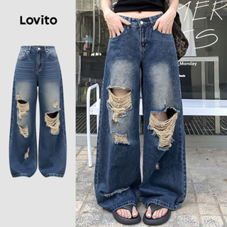 Lovito  Jeans Casuais Lavados com Zíper para Mulheres Bigode de Gato Azul LNE134061 em Oferta na Shopee