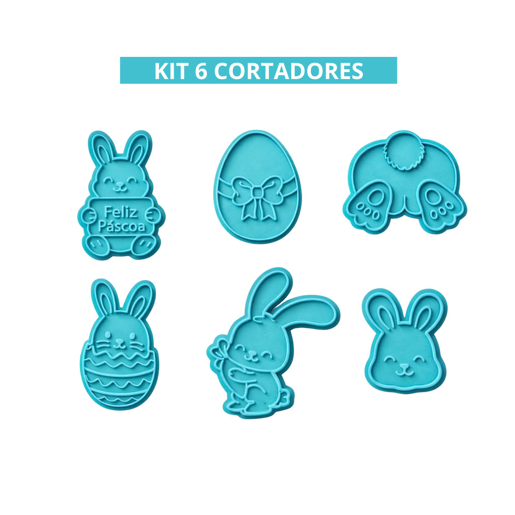 Kit 6 Cortador de Biscoito Páscoa Molde Marcador Carimbo Massa Biscuit Coelho Cenoura Ovo Cookie