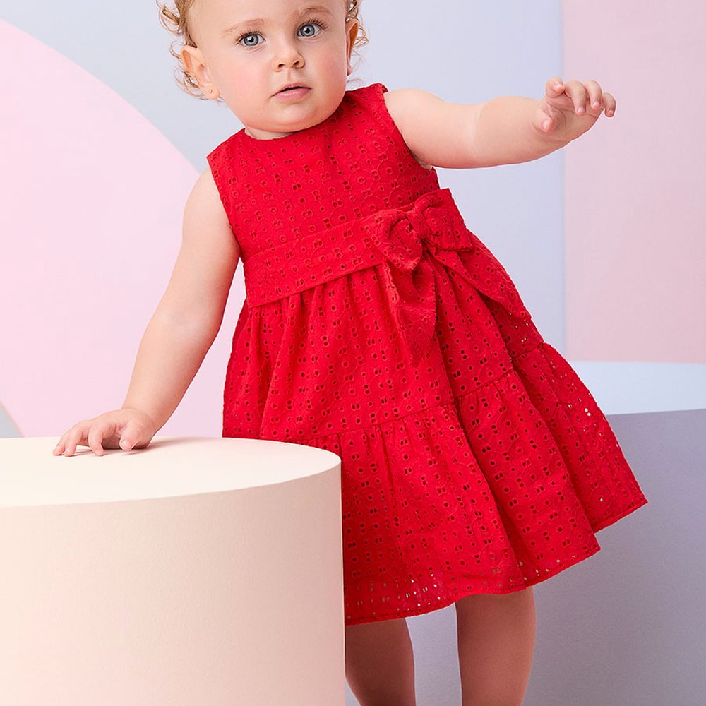 Vestido Momi para Bebê Menina em Laise na cor Vermelho com Laço sobreposto