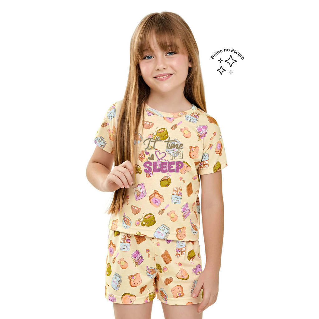 Pijama Infantil Menina Estampa Brilha no Escuro Elian Amarelo