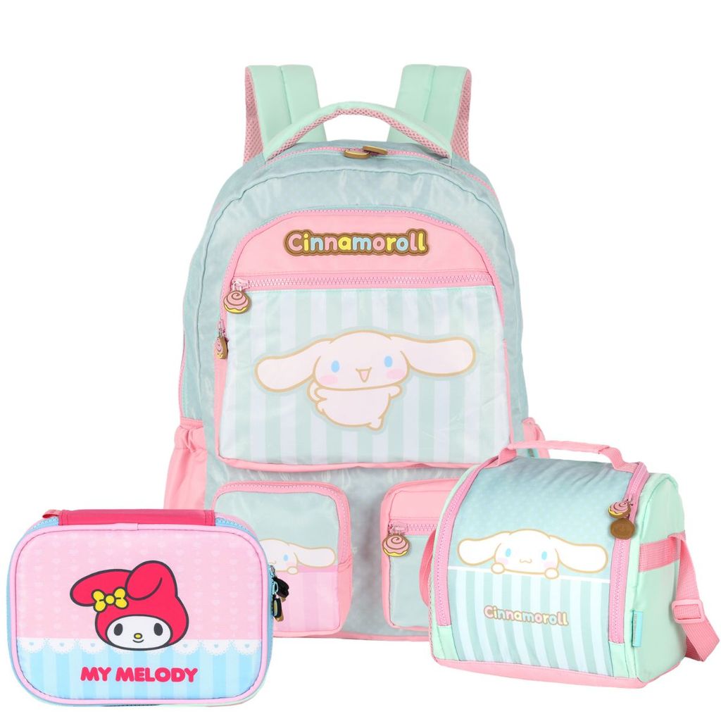 Kit Mochila Costas My Melody e Cinnamoroll Estojo Lancheira