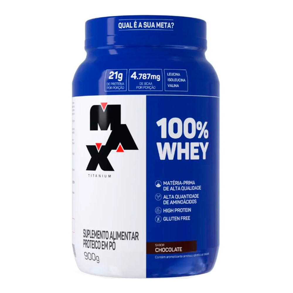 100% Whey Max Titanium Sabor Chocolate com 21g de Proteína 900g em Oferta na Shopee