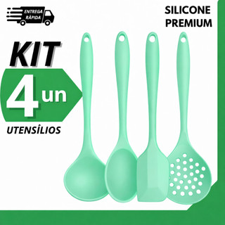 Kit Utensílios de Silicone para Cozinha Concha Colher Escumadeira Verde Água 4 Peças