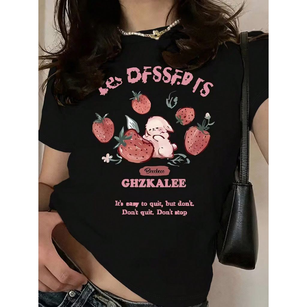 Camiseta Algodão Feminina Básica Premium Morango e Coelho Fofo Presente Casual Moda Primavera Confortável