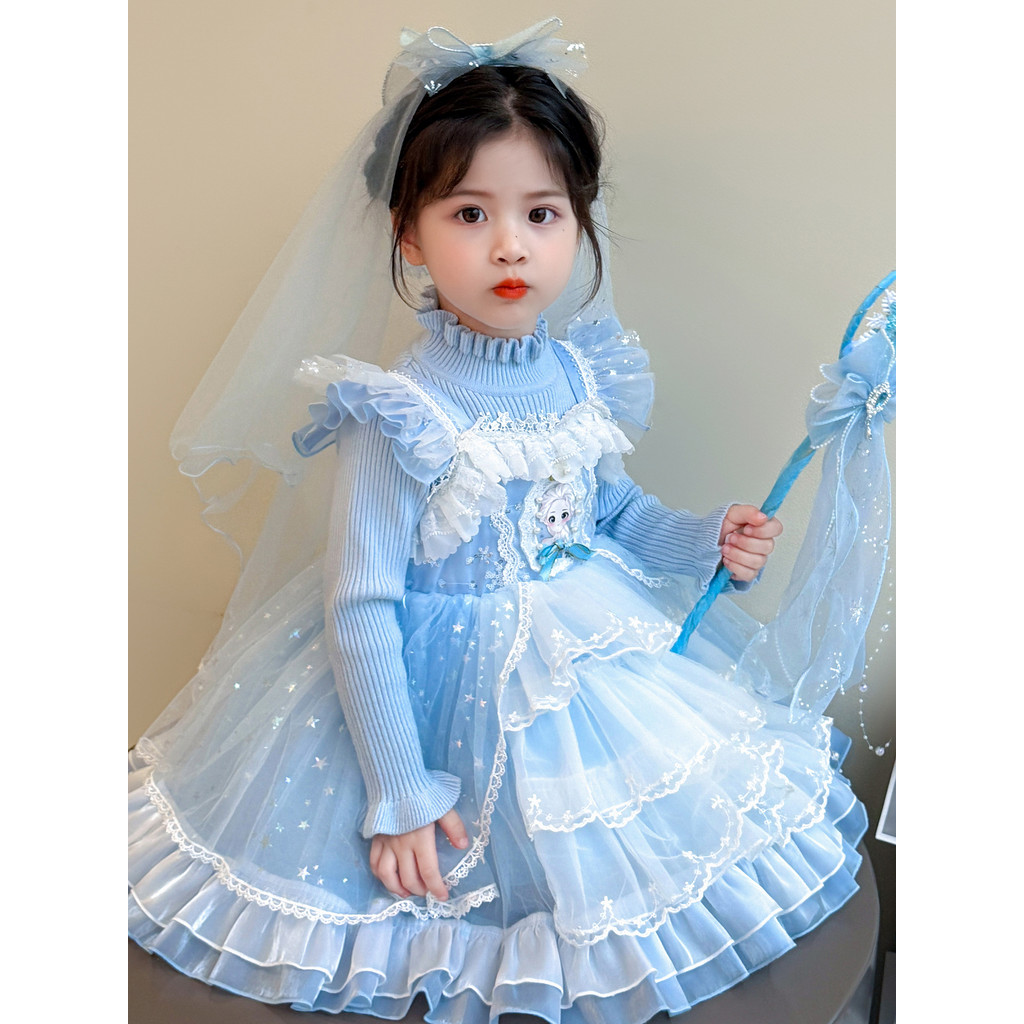 Elsa vestido de princesa meninas outono inverno vestido crianças bolo gaze vestido de aniversário menina elsa camisola v