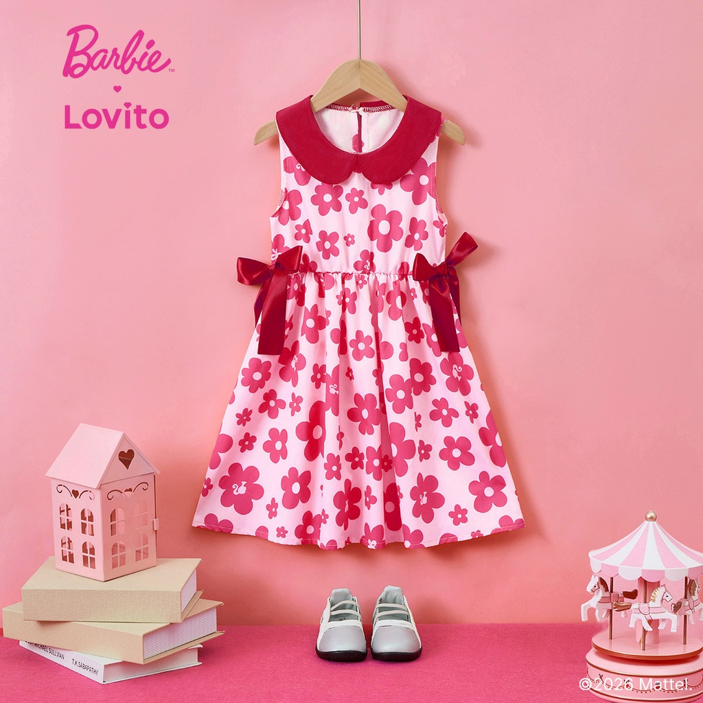 (New arrival) Barbie™ X Lovito Kids  Vestido Vermelho Fofo com Laço Primavera/verão para Menina DRBL2PAD002 em Oferta na Shopee