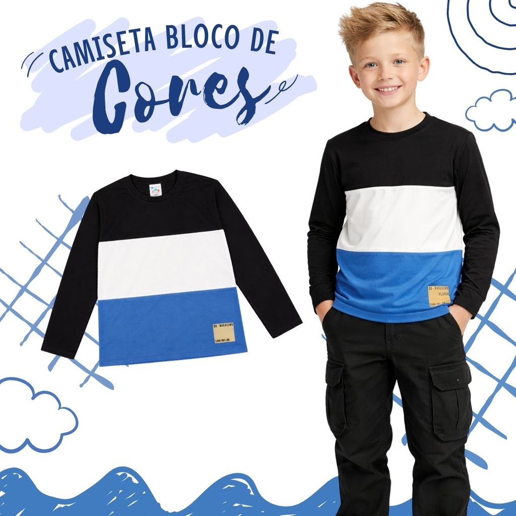 Camiseta Menino Bloco de Cores, Manga Longa, 100% Algodão Premium