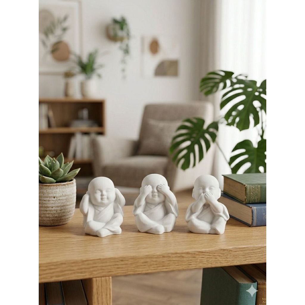 Trio Mini Budas Monges Sabedoria Cego Surdo e Mudo 5cm Decoração Jardim Zen