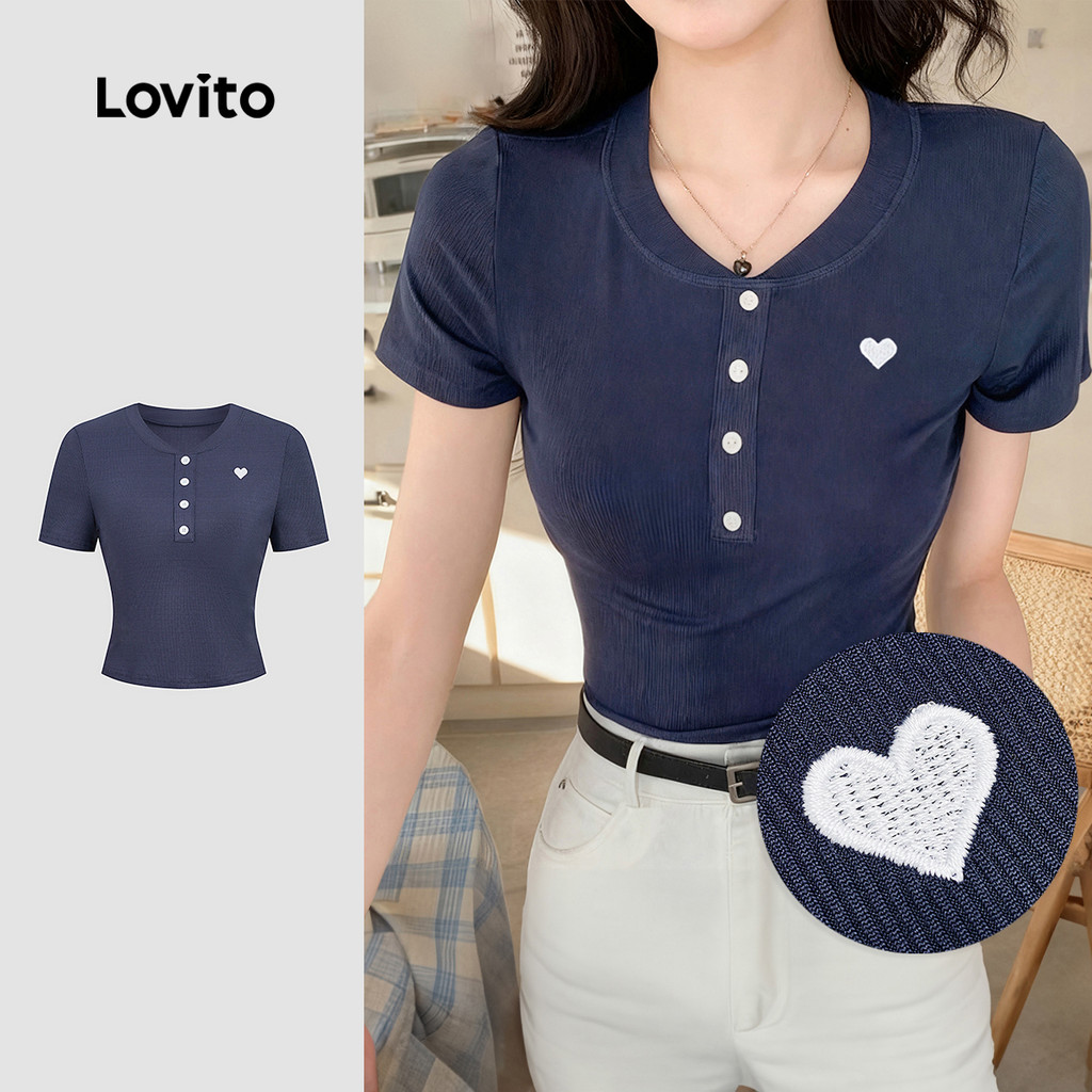 Lovito Camiseta Casual Botão Amor Primavera/verão Azul-marinho para Mulheres L165ED364 em Oferta na Shopee