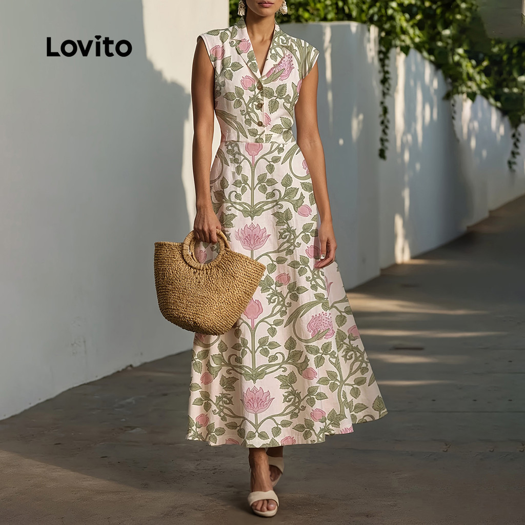 Lovito Vestido Floral Elegante Feminino com Botões Frontais Primavera/Verão LK2LD403 em Oferta na Shopee