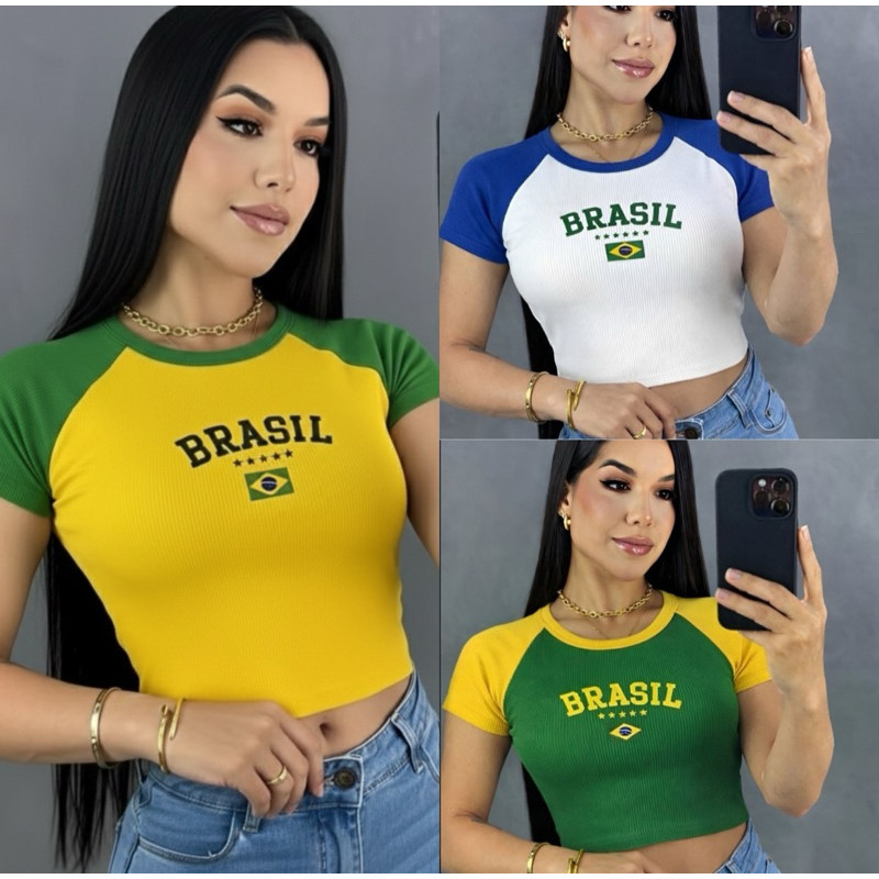 Cropped do Brasil Feminino Bicolor Manga Curta Ribana Babylook Copa Do Mundo Tendência Bandeira