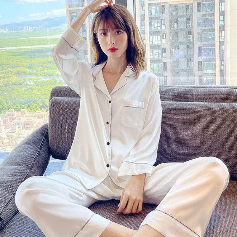 Imagem Pijamas femininos calças de manga comprida seda gelo macio sedoso Loungewear confortável terno versão de alta qualidade