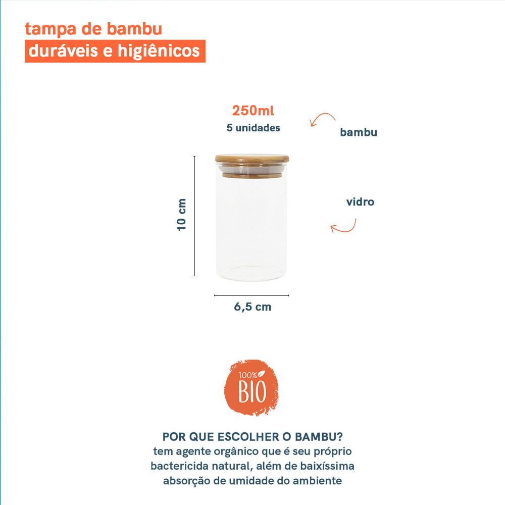 Jogo de 5 Potes Herméticos de Vidro Tampa de Bambu - 250 Ml Oikos
