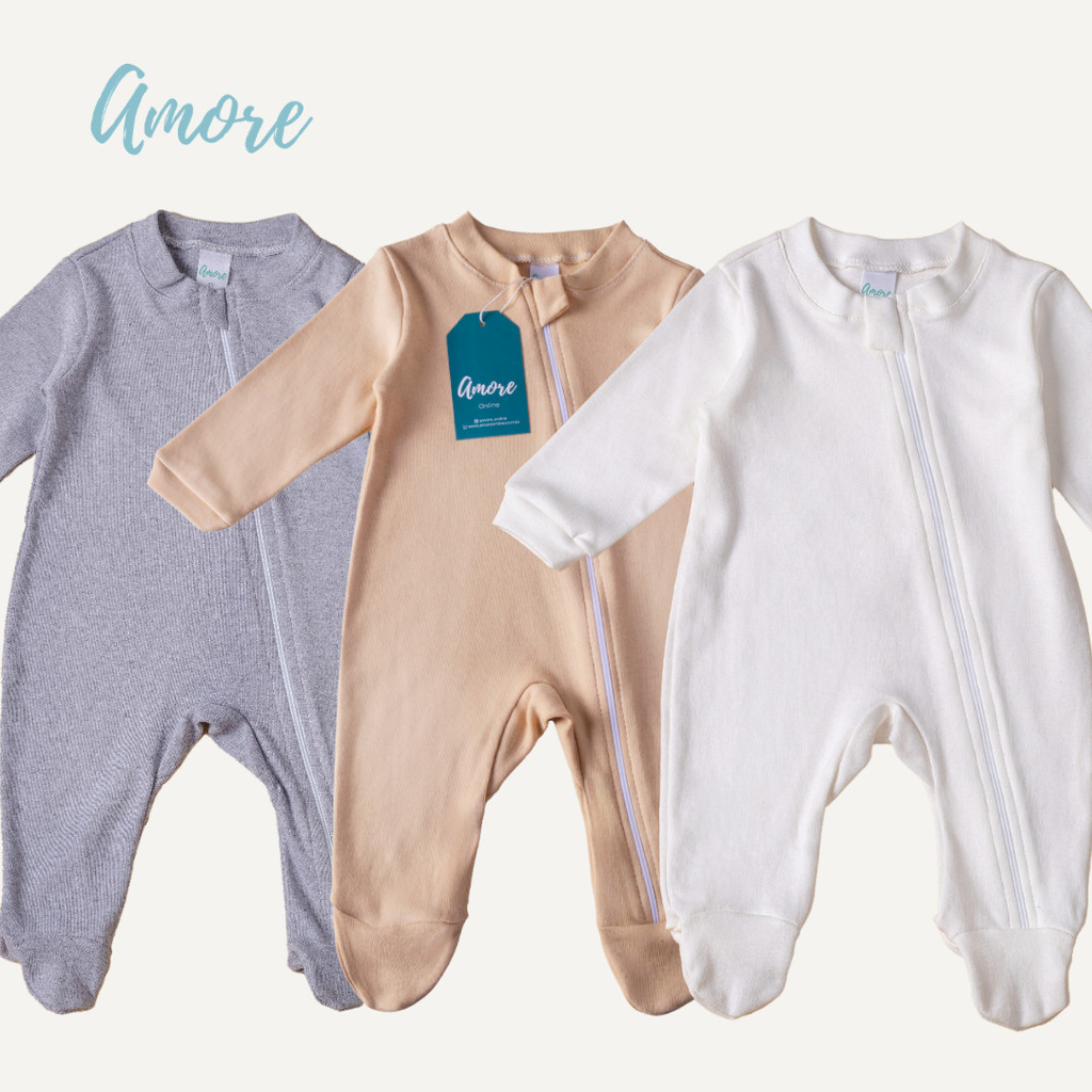 Kit 3 Macacão Bebê Amore Pezinho com Zíper Neutro 100% Algodão