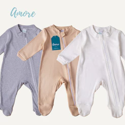 Kit 3 Macacão Bebê Amore Pezinho com Zíper Neutro 100% Algodão