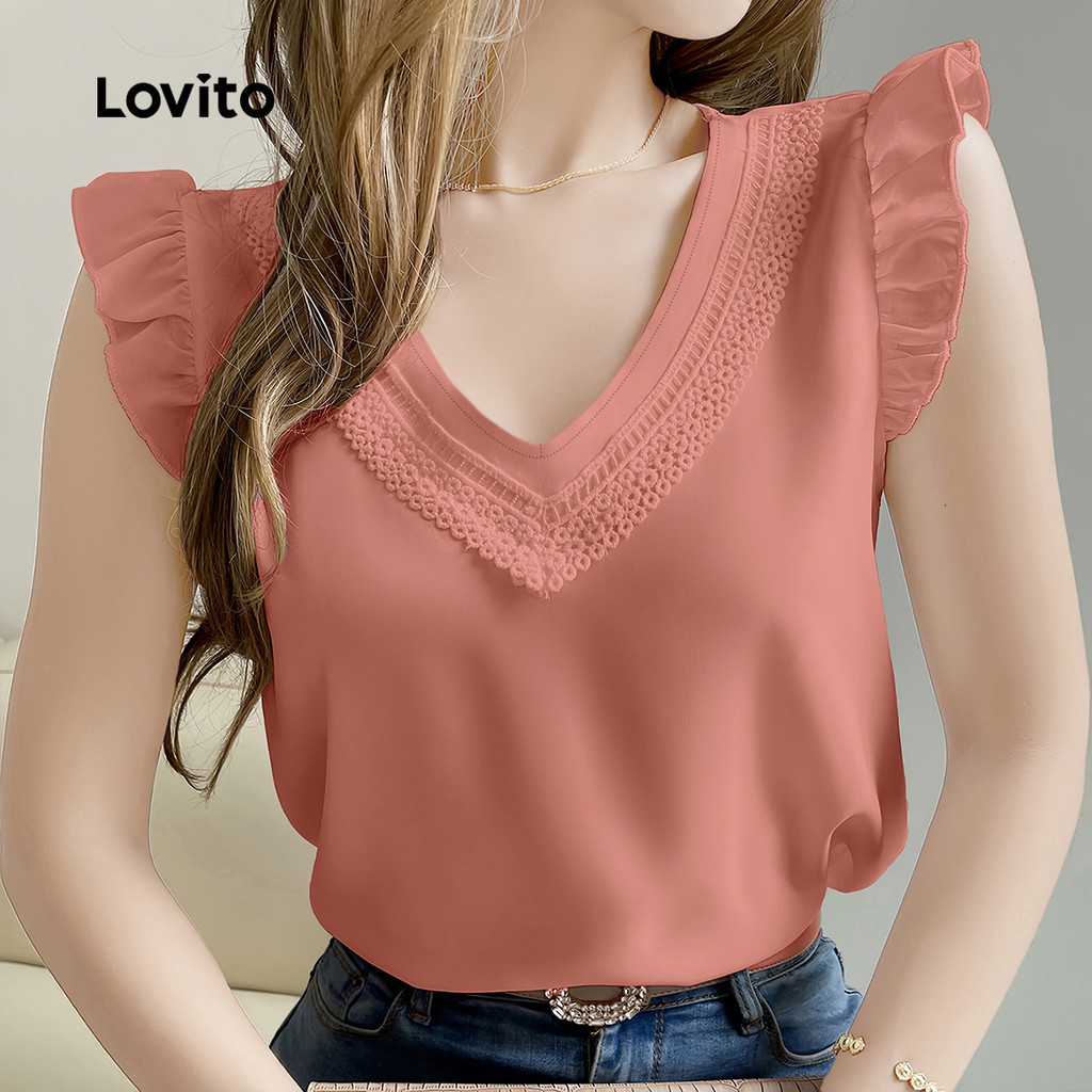 Lovito Blusa Elegante com Babado e Golinha Gravatada Primavera/verão Blusa Rosa para Mulher L150ED131
