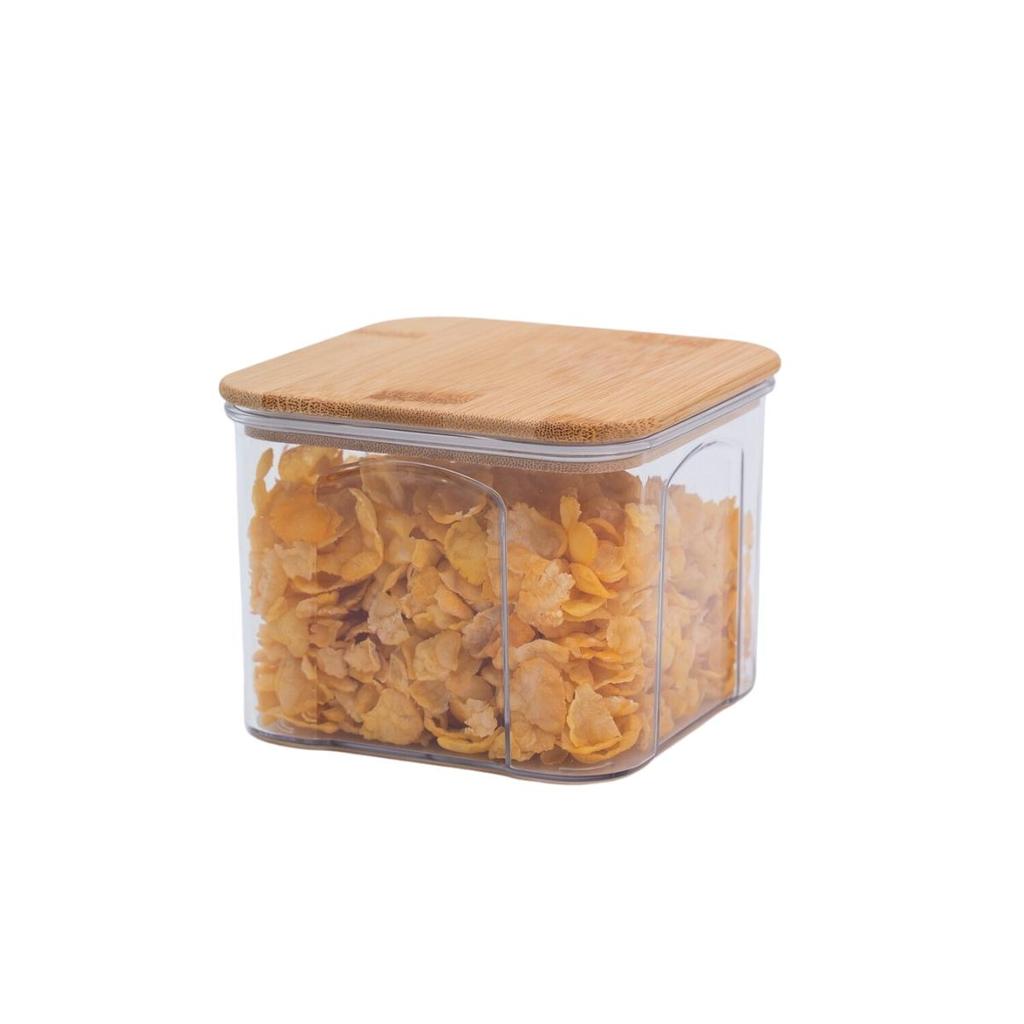 Pote de acrílico 650ml com tampa de bambu transparente quadrado - Oikos em Oferta na Shopee