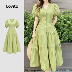 (Elegante) Lovito Vestido Linha Estrutura Lazer Simples Primavera/verão Verde para Mulheres LK4ED1552