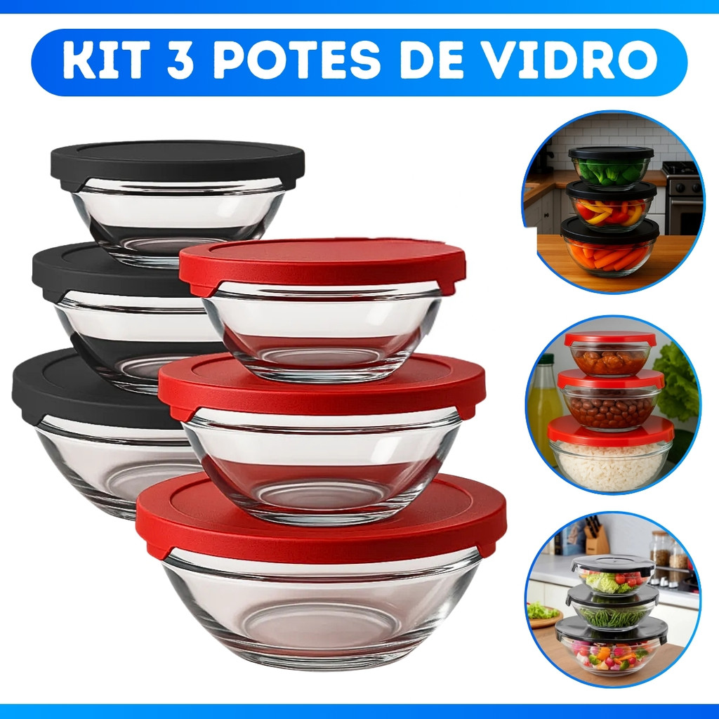 Jogo 3 Potes De Vidro Herméticos Redondo Com Tampa Marmitas Tigela - Desconto!