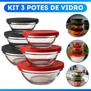 Jogo 3 Potes De Vidro Herméticos Redondo Com Tampa Marmitas Tigela - Desconto!